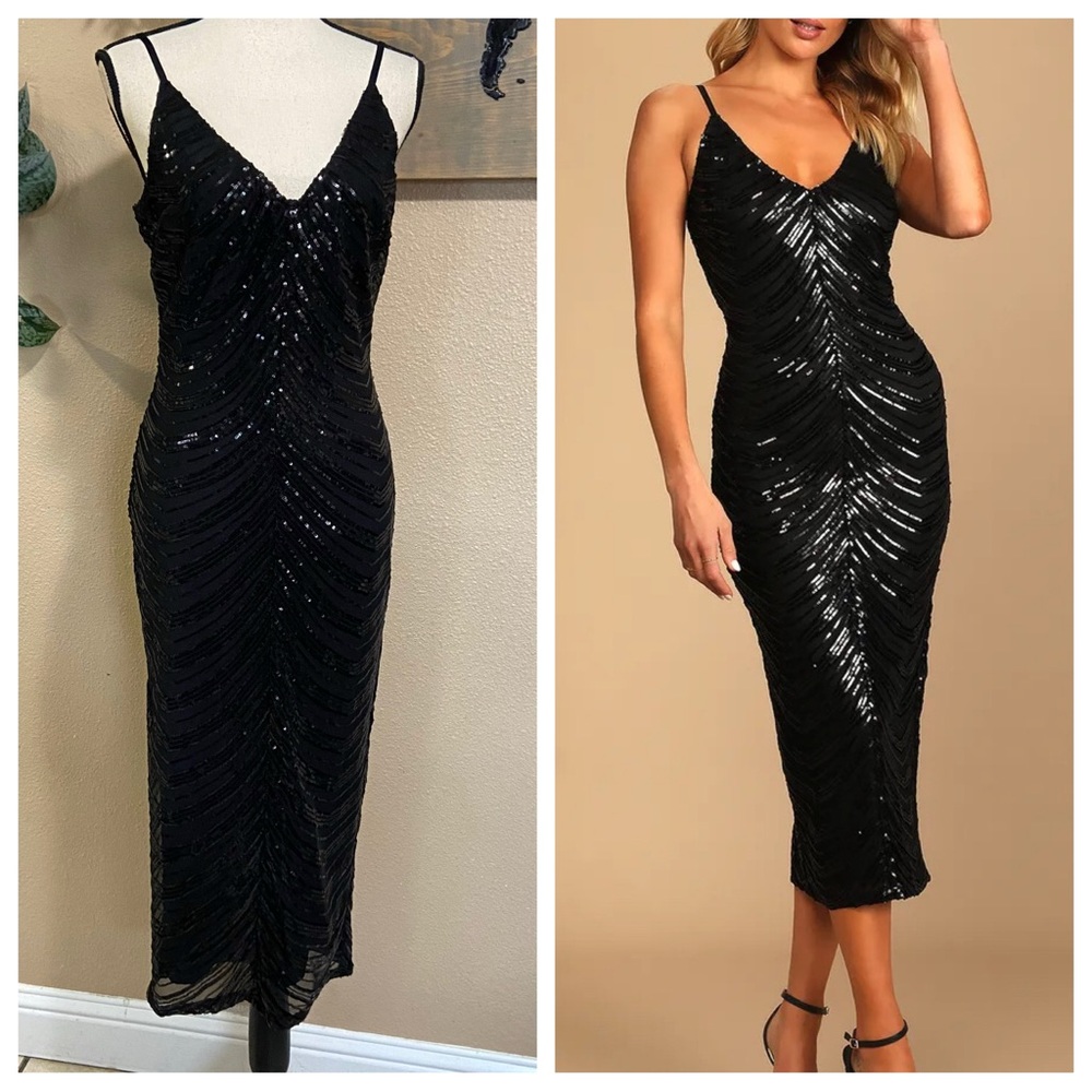 NWOT Lulus Like a Movie Star Black Sequin Bodycon Midi Dress